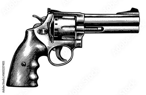Revolver illustration in a vintage woodcut style, black and white