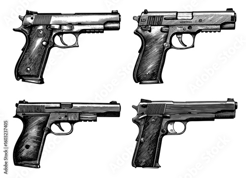 Handguns set in an engraved style, black and white
