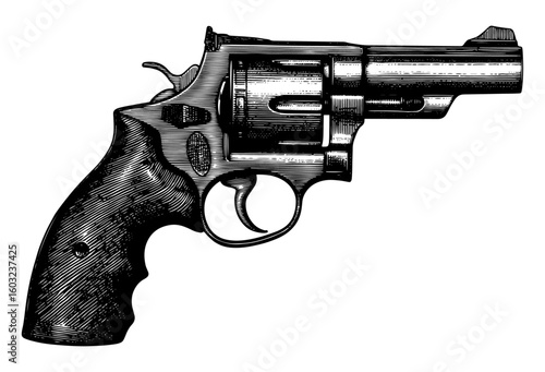 Detailed revolver in woodcut style, black and white