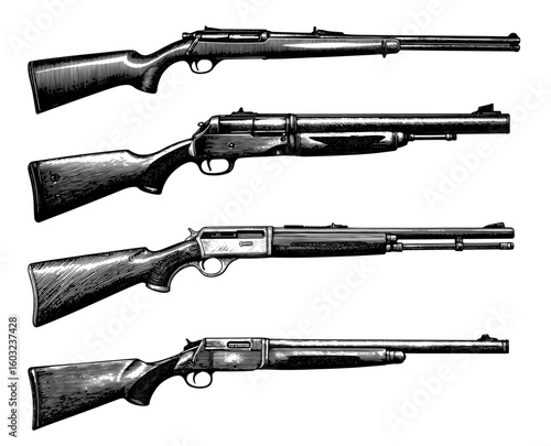 Long guns in a woodcut style, black and white, for hunting or historical weapon themes