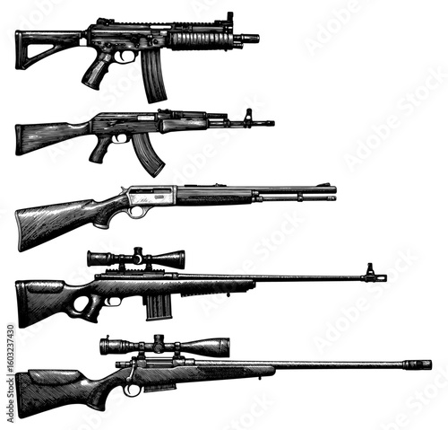 Five different firearms in an engraved style, black and white, for military or hunting concepts
