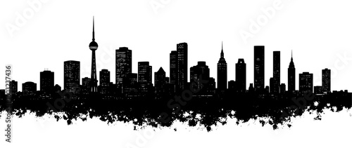 Toronto skyline in a grunge style, black and white, representing Canadian urban culture