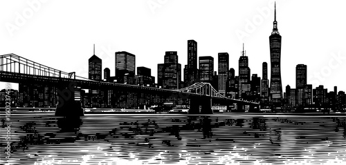 Graphic city skyline illustration in black and white with a bridge