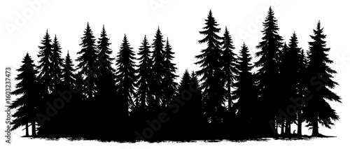 Silhouetted evergreen trees in a bold style