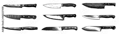 Collection of knives in vintage engraving style, black and white, for culinary or utility purposes