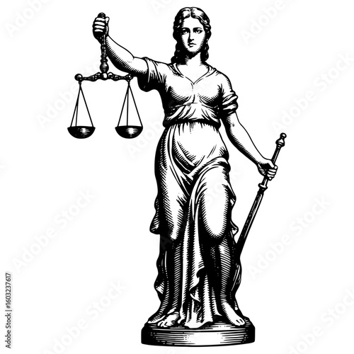 Lady Justice statue illustration in a black and white engraved style representing law and fairness