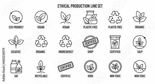 Ethical Production Line Icon Set – Eco, Vegan, Organic, Plastic-Free, Non-Toxic, Certified, Recyclable Vector

