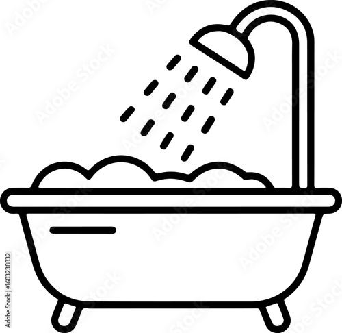 Simple line drawing of a bathtub with running shower and bubbles