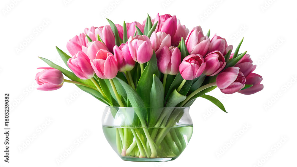 Obraz premium Beautiful pink tulips in a glass vase against a transparent background