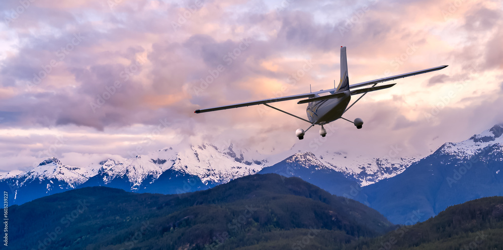 Small Airplane Flying Over Snowy Mountains During Stunning Sunset Small Airplane Flying Over Snowy Mountains During Stunning Sunset