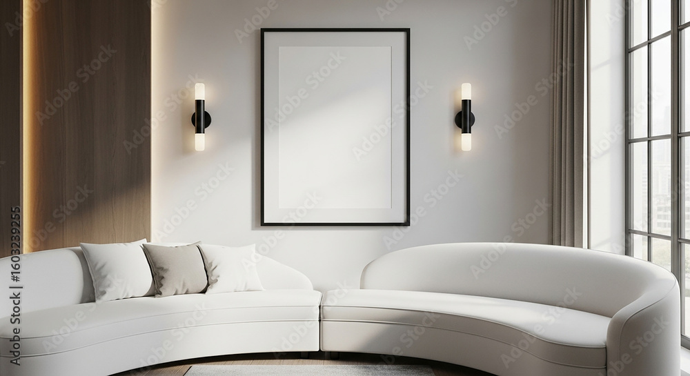 Fototapeta premium Elegant dining area with modern design, neutral tones, and wooden accents, featuring a table set for family meals, offering a warm, welcoming atmosphere for guests.