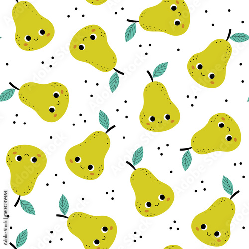 Cute pear seamless pattern in kawaii style,vector illustration.