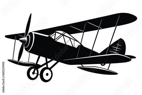Silhouette Depiction of a Classic Biplane Aircraft Featuring Propeller and Double Wing Design