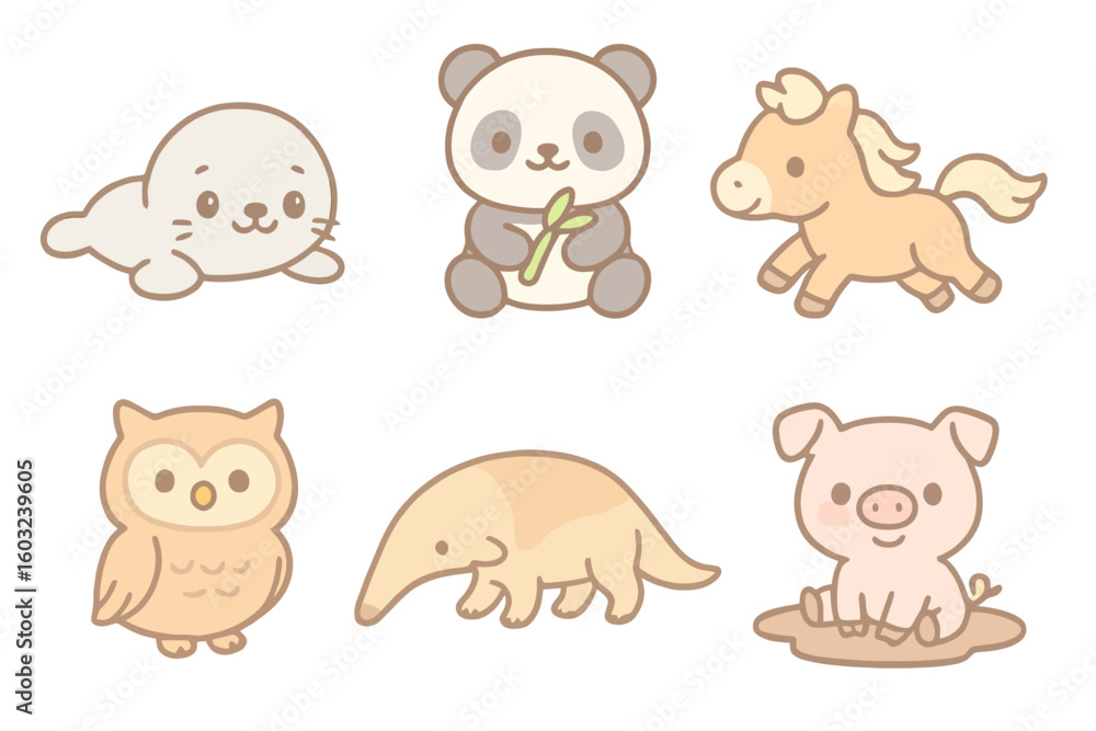 Obraz premium Adorable cartoon baby animals in pastel colors, perfect for children’s designs, stickers, UI kits and stock illustrations. No text included.