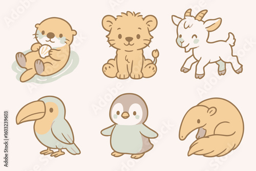 Cartoon pastel icons of cute animals: otter, lion cub, baby goat, toucan, penguin chick, and anteater. Soft tones, transparent background, no text.