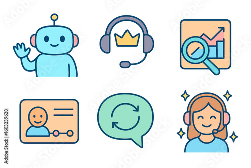 Soft cartoon icons for customer service features. Perfect for apps, help desks, FAQ pages and stock assets. Transparent background, no writing, pastel colors.