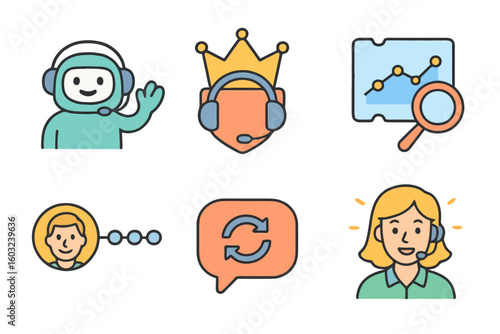 Cartoon pastel FAQ icons: chatbot, premium badge, ticket analysis, customer history, live update bubble, and VIP support agent. No text, clean style.