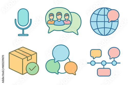 Cartoon icons for FAQ: voice feedback, group chat, multilingual support, delivery confirmation, social bubbles, and chat timeline. Pastel style, no text.