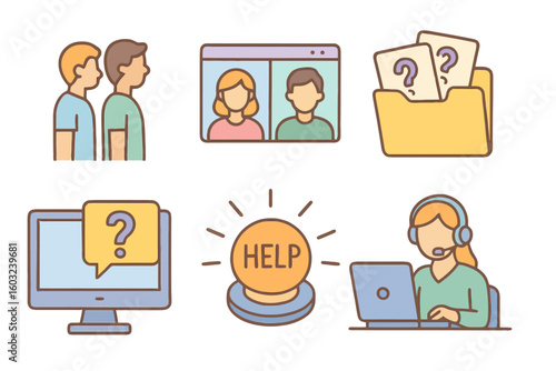 Cartoon icons for customer support: queue, video call, ticket folder, FAQ screen, help button, and agent. Soft colors, no text, transparent background.