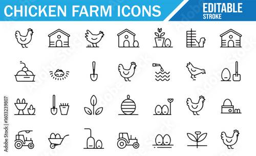 Editable icons for poultry farming, egg production, and agricultural tools for farm projects