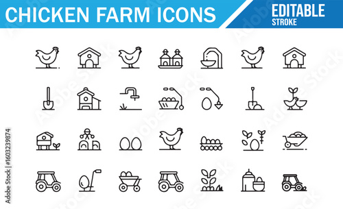 Set of icons for chicken farming including livestock, farming equipment, and egg collection