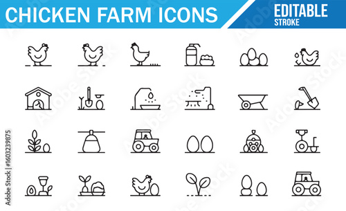 Collection of vector chicken farm icons, ideal for agriculture, farming, and poultry businesses