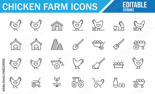 Editable vector icons for chicken farming, including poultry care, egg collection, and farm equipment