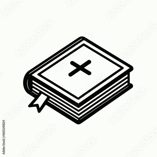 Black and white illustrated Bible with bookmark and cross symbol  