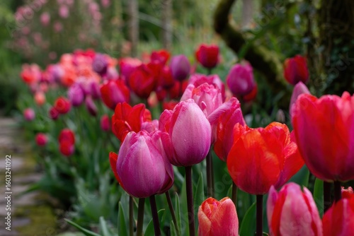 Pink and red tulips in a French garden