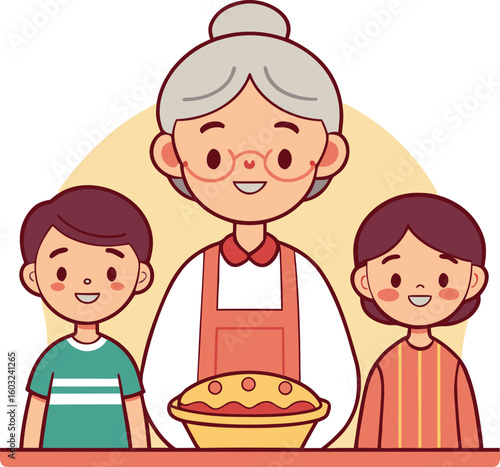 Cheerful grandmother and two children with a freshly baked pie family baking