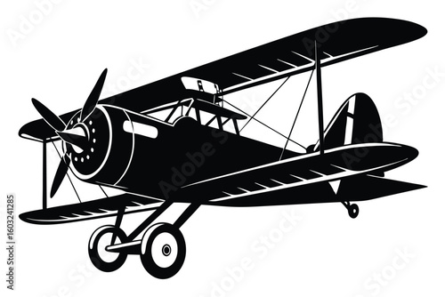 Black Silhouette Vector of Classic Biplane Airplane with Propeller and Wheels, Detailed Design