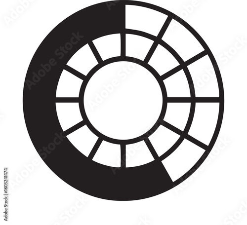 Abstract circular icon with twelve radial divisions and a thick crescent frame.