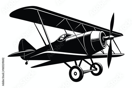 Detailed Silhouette Illustration of a Classic Biplane with Propeller and Landing Gear