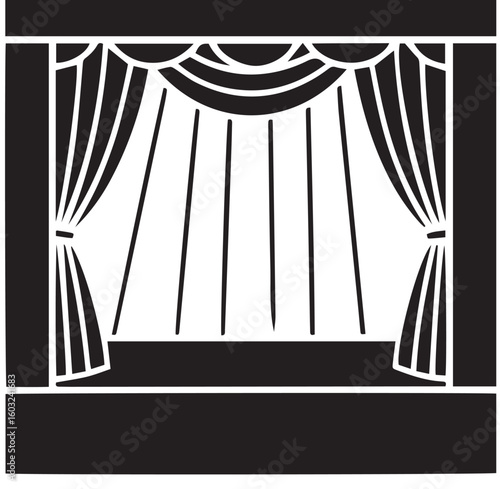 Black and White Stage with Curtains and Light Beams Illustration