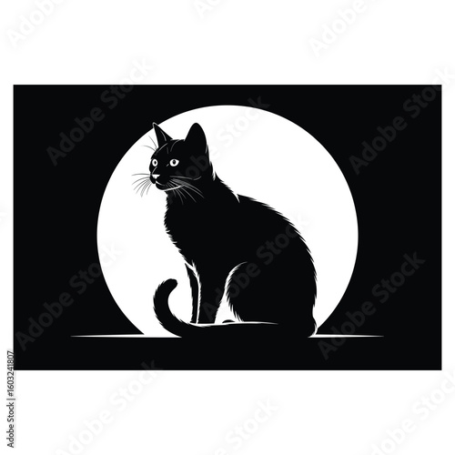 Black cat sitting in front of a large full moon silhouette