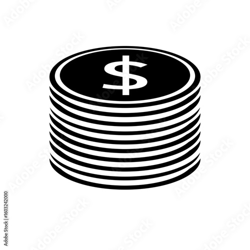 Stack of Dollar Coins with Dollar Sign Icon in Black and White