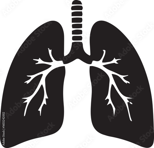 Flat black silhouette of human lungs with visible trachea and bronchial tree.