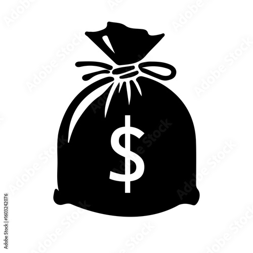 Money Bag with Dollar Sign and Rope Tie Icon in Black and White