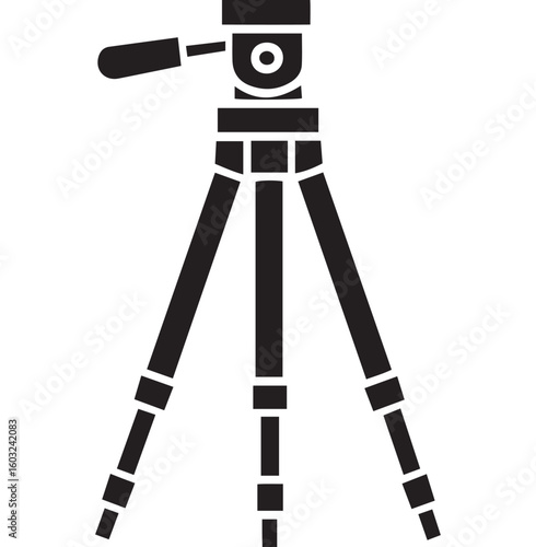 Minimalist black silhouette icon of a photography tripod with a pan-tilt head and adjustable, segmented legs.