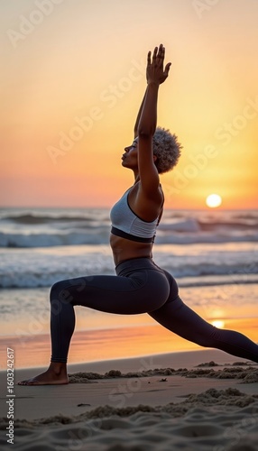 Elderly black woman doing yoga on sandy beach, African american woman doing yoga on beach enjoying tranquility, relaxation and peace atmosphere, taking care of her body and mind.