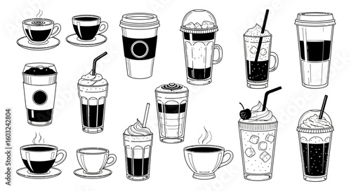 A collection of various coffee drinks, illustrated in black and white, showcasing different styles.