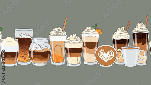 A horizontal seamless pattern of various coffee drinks, including lattes, cappuccinos, and iced coffees, with whipped cream and straws on a gray background.