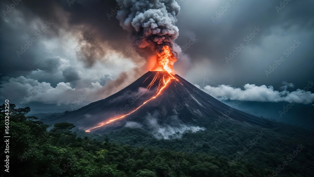 Fototapeta premium Volcano Eruption with Lava Stream and Thick Ash Cloud under Stormy Sky