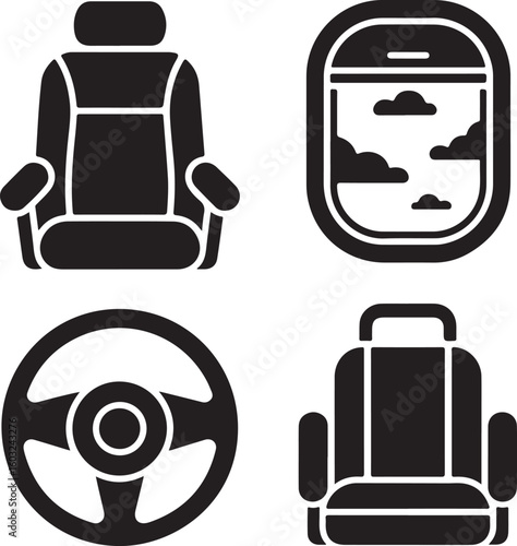 Airplane seat steering wheel and window icons vector