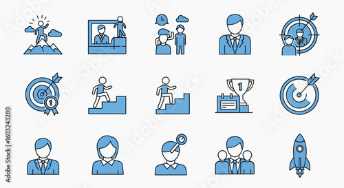 A collection of blue and white icons representing business success, goals, and teamwork.