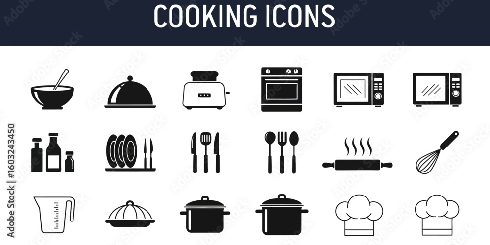 Collection of black and white cooking icons depicting kitchenware, appliances, and chef's hat. Collection of black and white cooking icons depicting kitchenware, appliances, and chef's hat.