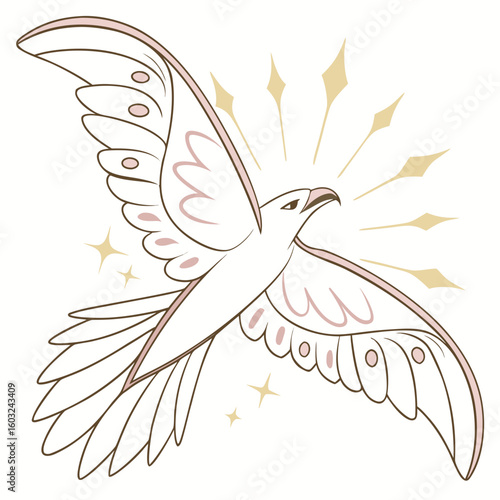  Soaring Spirit of Freedom: A stylized illustration of a majestic bird in mid-flight, wings gracefully outstretched, radiating a sense of liberation and boundless possibilities. 