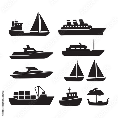 Silhouette Set of Various Boats and Ships - Vector Icons Collection sailing out bundle pack 