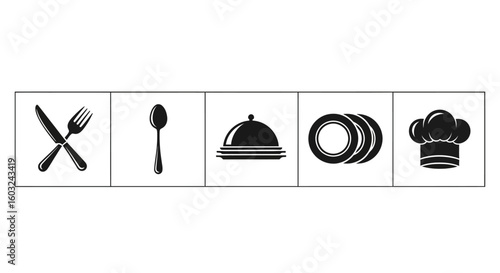 Simple black and white icons representing cutlery, serving dishes, and a chef's hat, arranged in a horizontal row.