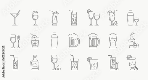 Outlined illustrations of various alcoholic beverages, cocktails, and bar equipment.